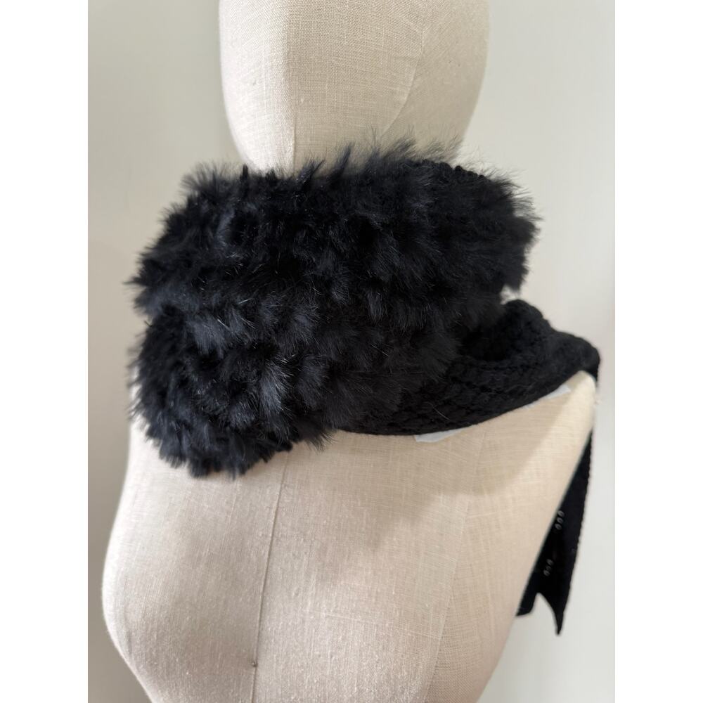 La Fiorentina Rabbit Fur Scarf Wrap Black Wool Winter Apres Ski Knit Shawl
